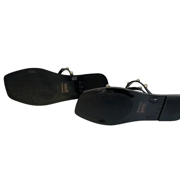 Steve Madden Black Pearl-Studded Flat Sandals With Rhinestone Trim Womens Size 9 - Picture 8 of 11